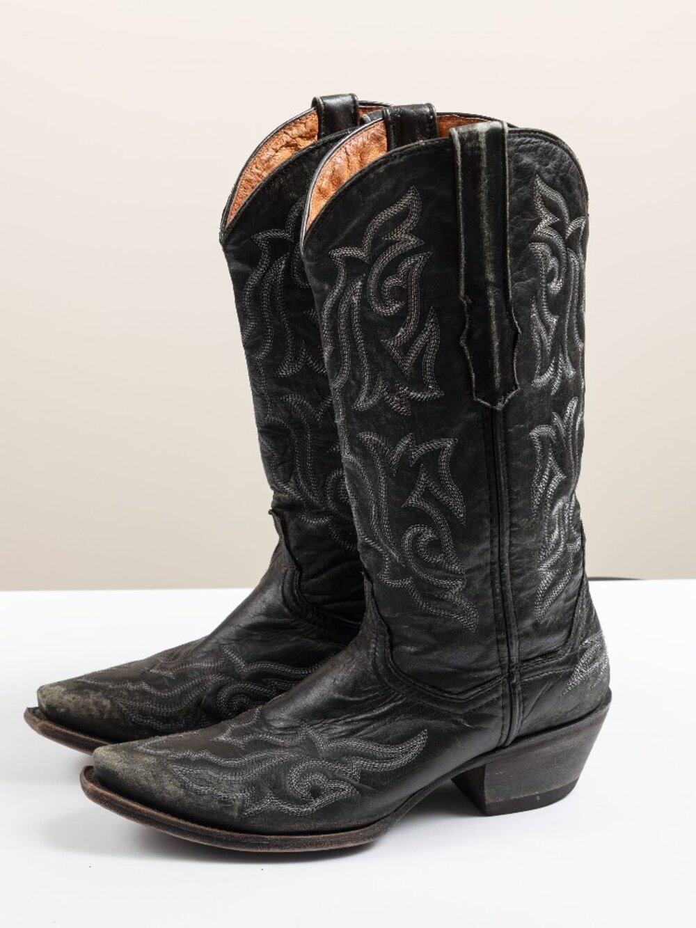 VTG 90s Vaccari Distressed Black Leather Cowboy Boots Women 8.5 Snip Toe Western